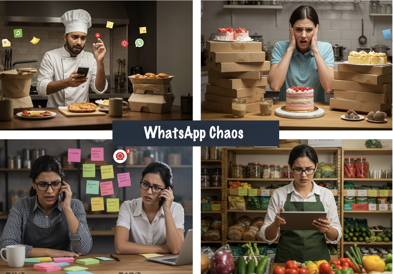 Collage of stressed home food sellers overwhelmed by phone messages and order boxes